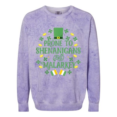 Prone To Shenanigans And Malarkey Funny St Patricks Day Colorblast Crewneck Sweatshirt