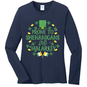 Prone To Shenanigans And Malarkey Funny St Patricks Day Ladies Long Sleeve Shirt