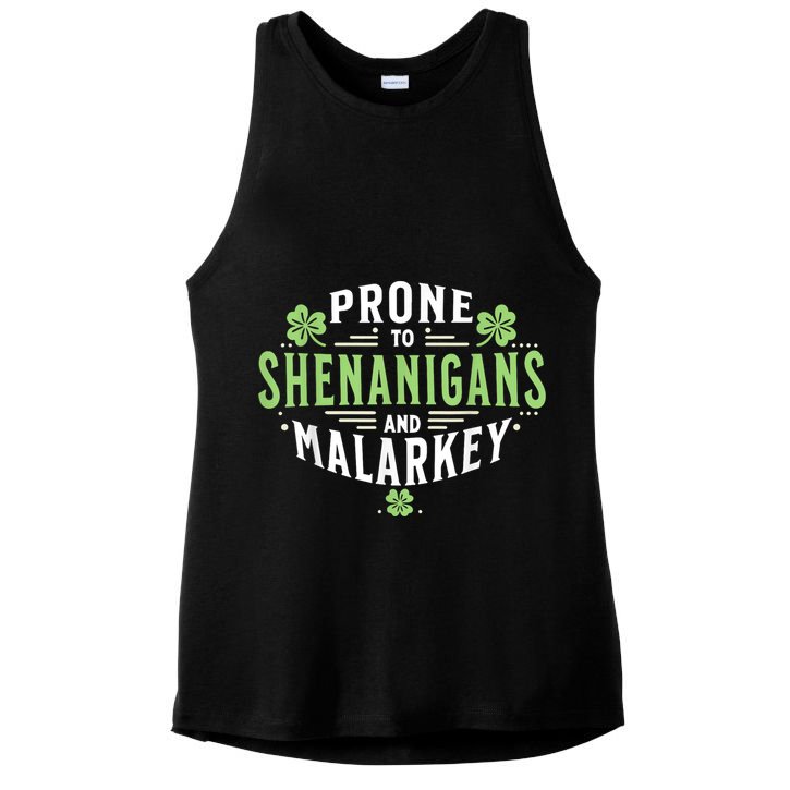Prone To Shenanigans & Malarkey Fun Clovers St Patrick’S Day Ladies PosiCharge Tri-Blend Wicking Tank
