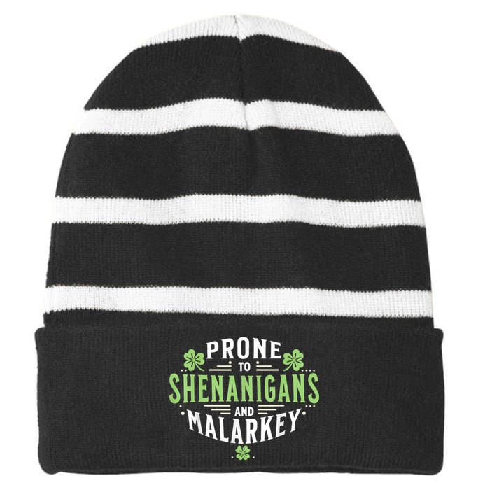 Prone To Shenanigans & Malarkey Fun Clovers St Patrick’S Day Striped Beanie with Solid Band