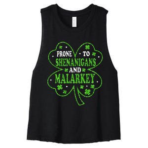 Prone To Shenanigans And Malarkey St Patricks Day Women's Racerback Cropped Tank