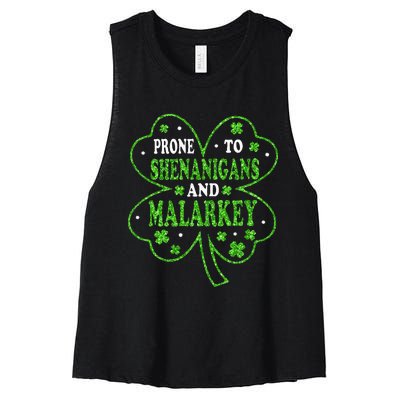 Prone To Shenanigans And Malarkey St Patricks Day Women's Racerback Cropped Tank