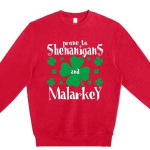 Prone To Shenanigans And Malarkey Boys St Patricks Day Funny Premium Crewneck Sweatshirt