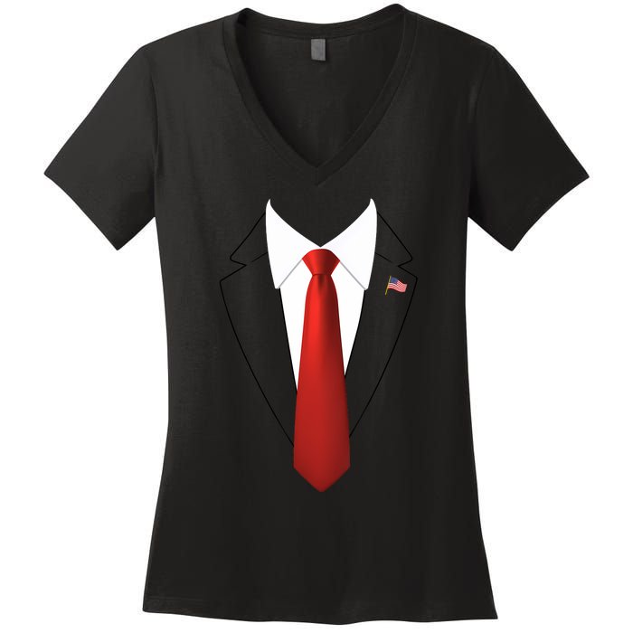 President Trump Suit Lazy Halloween Costume Usa Flag Women's V-Neck T-Shirt