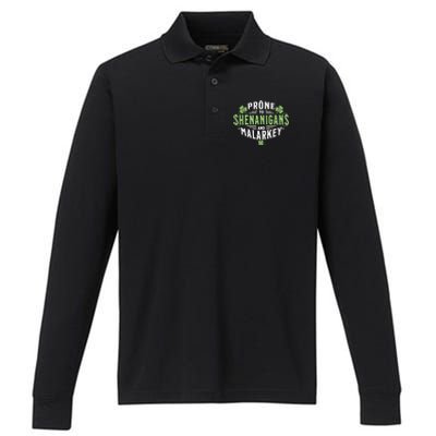 Prone To Shenanigans & Malarkey Fun Clovers St PatrickS Day Performance Long Sleeve Polo