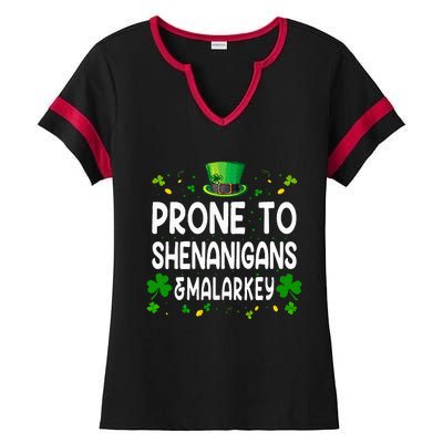 Prone To Shenanigans And Malarkey Funny St Patricks Day 2024 Ladies Halftime Notch Neck Tee