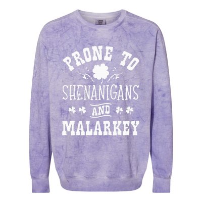 Prone To Shenanigans and Malarkey St Patricks Day Shamrock Colorblast Crewneck Sweatshirt