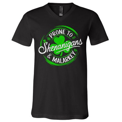 Prone To Shenanigans And Malarkey St Patrick's Day Shamrock V-Neck T-Shirt