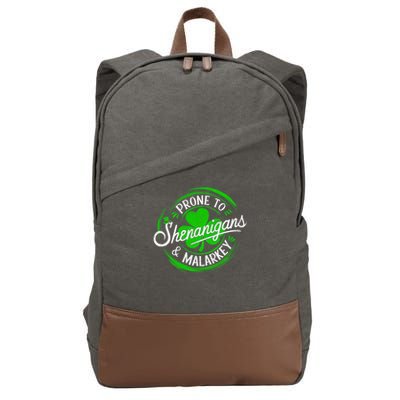 Prone To Shenanigans And Malarkey St Patrick's Day Shamrock Cotton Canvas Backpack