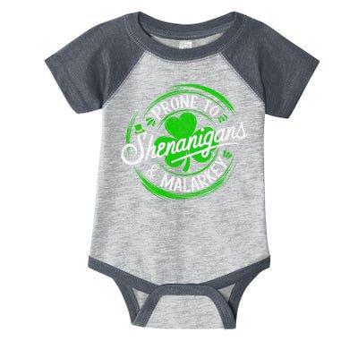 Prone To Shenanigans And Malarkey St Patrick's Day Shamrock Infant Baby Jersey Bodysuit
