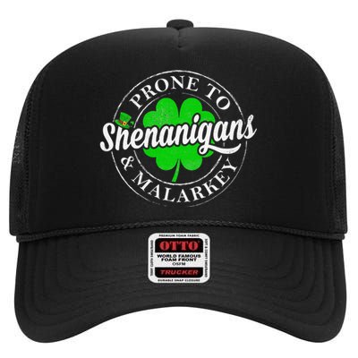 Prone To Shenanigans & Malarkey Fun Clovers St Patrick's Day High Crown Mesh Back Trucker Hat