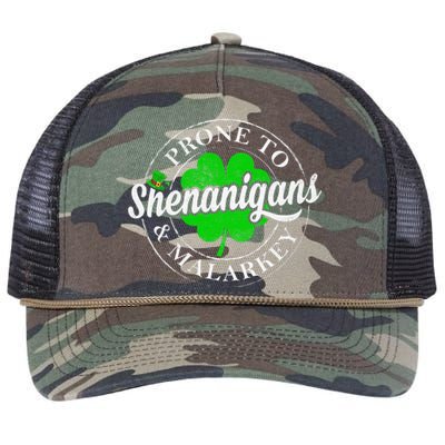 Prone To Shenanigans & Malarkey Fun Clovers St Patrick's Day Retro Rope Trucker Hat Cap