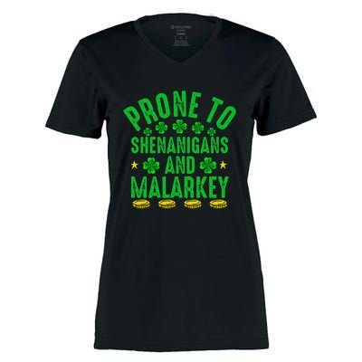 Prone To Shenanigans And Malarkey St Patricks Day Women's Momentum V-Neck T-Shirt