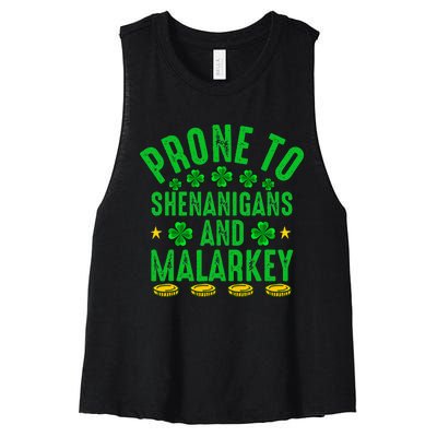 Prone To Shenanigans And Malarkey St Patricks Day Women's Racerback Cropped Tank