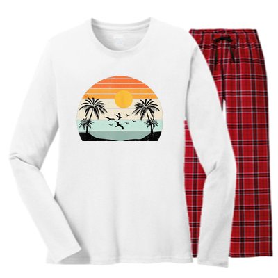 Palm Trees Summer Vacation Beach Sunshine Summer Retro Gifts Women's Long Sleeve Flannel Pajama Set 