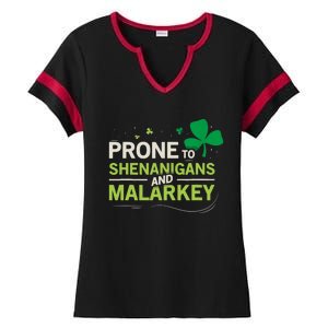 Prone To Shenanigans And Malarkey Funny Ireland Leprechaun Irish Gift Ladies Halftime Notch Neck Tee