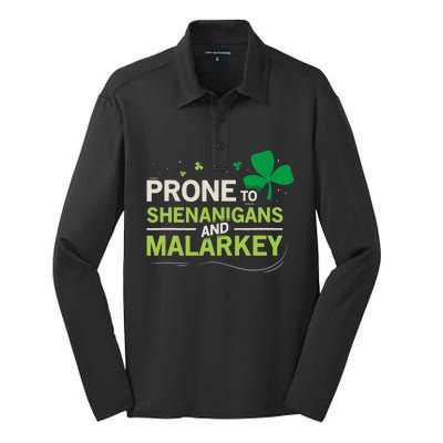 Prone To Shenanigans And Malarkey Funny Ireland Leprechaun Irish Gift Silk Touch Performance Long Sleeve Polo