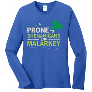 Prone To Shenanigans And Malarkey Funny Ireland Leprechaun Irish Gift Ladies Long Sleeve Shirt