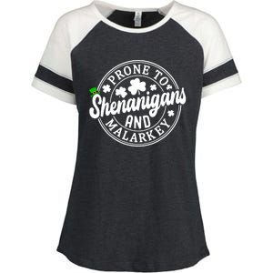 Prone To Shenanigans And Malarkey Shamrock St Patricks Day Enza Ladies Jersey Colorblock Tee