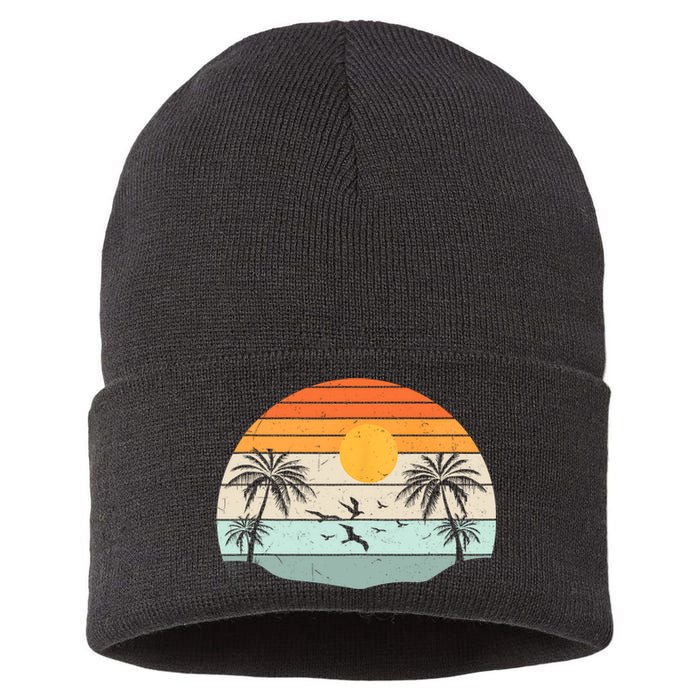 Palm Trees Summer Vacation Beach Sunshine Summer Retro Gifts Sustainable Knit Beanie