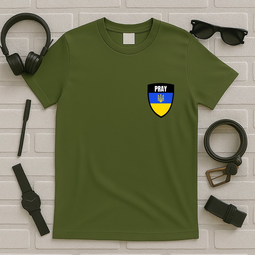 Pray Tactical Support Ukrainian Flag Shield I Stand With Ukraine Military T-Shirt