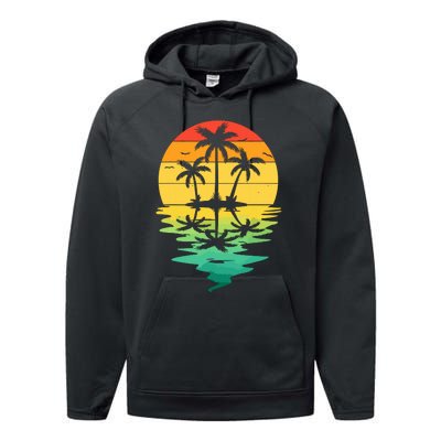 Palm Tree Silhouette Sunset Retro Vintage 70s Nature Lover Performance Fleece Hoodie