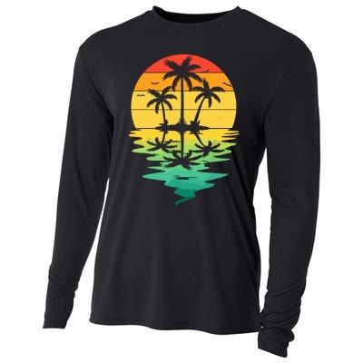 Palm Tree Silhouette Sunset Retro Vintage 70s Nature Lover Cooling Performance Long Sleeve Crew