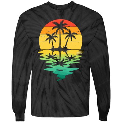 Palm Tree Silhouette Sunset Retro Vintage 70s Nature Lover Tie-Dye Long Sleeve Shirt