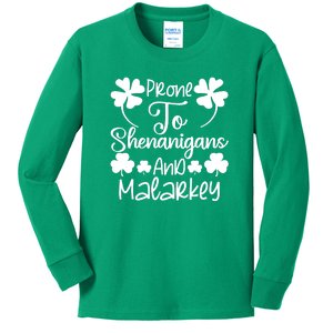 Prone To Shenanigans And Malarkey Funny St Patricks Day Design Kids Long Sleeve Shirt