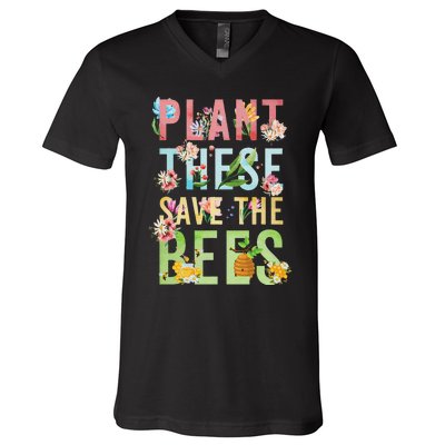 Plant These Save The Bees Botanical Vintage WildFlowers V-Neck T-Shirt