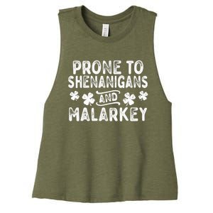 Prone To Shenanigans and Malarkey St Patricks Day Women's Racerback Cropped Tank