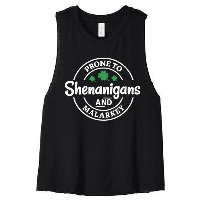 Prone to Shenanigans and Malarkey Funny St. Patricks's Day Women's Racerback Cropped Tank