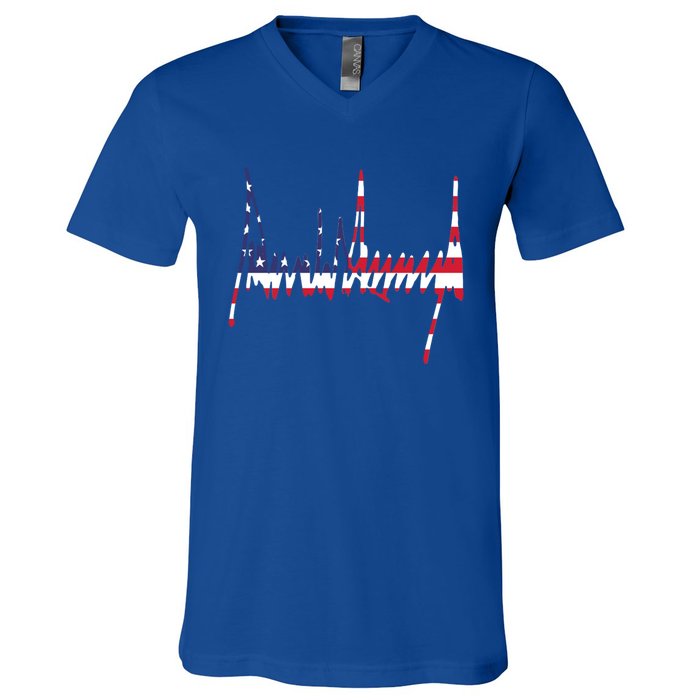 President Trump Signature Usa Flag Color Patriotic American Gift V-Neck T-Shirt