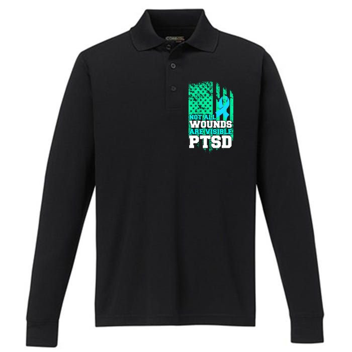 PTSD Flag Not All Wounds Are Visible Performance Long Sleeve Polo