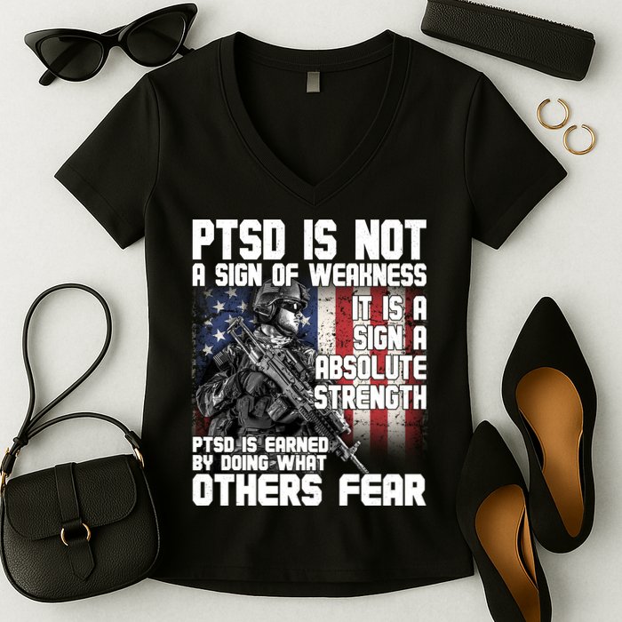 PTSD Is Not A Sign Of Weakness Support Military Troops Women's V-Neck T-Shirt