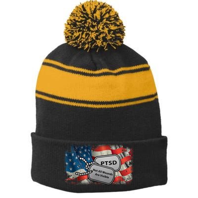 PTSD Not All Wounds Are Visible Dog Tags Stripe Pom Pom Beanie