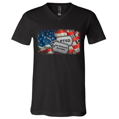 PTSD Not All Wounds Are Visible Dog Tags V-Neck T-Shirt
