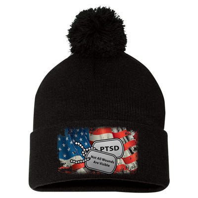 PTSD Not All Wounds Are Visible Dog Tags Pom Pom 12in Knit Beanie