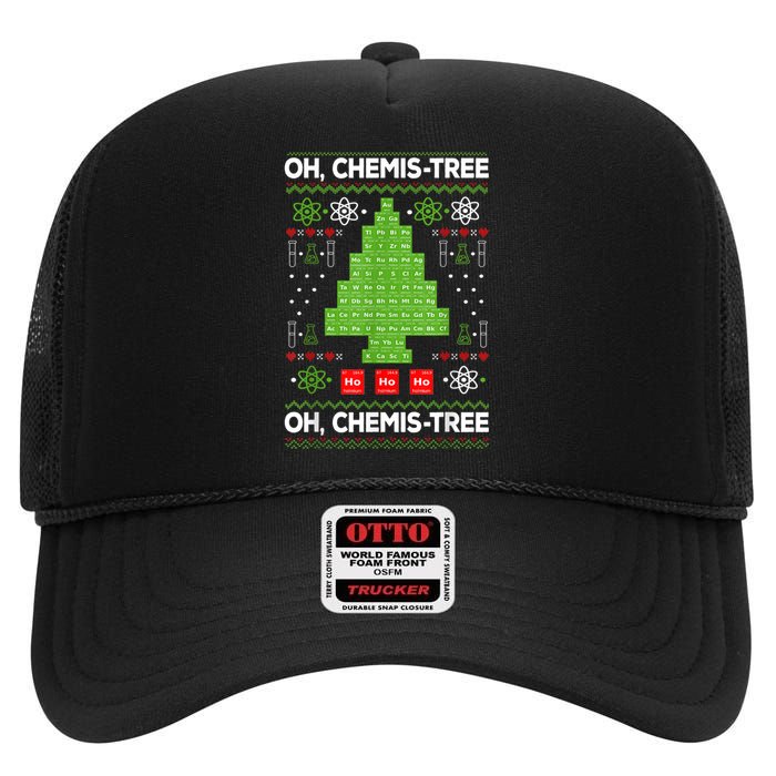 Periodic Table Tree Oh Chemistree Fun Chemistry Teacher Xmas High Crown Mesh Back Trucker Hat