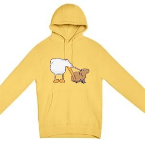 Pelican Tries To Eat Capybara Funny Cute Kawaii Meme Premium Pullover Hoodie