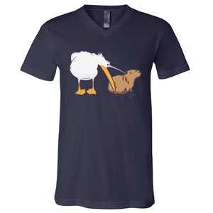 Pelican Tries To Eat Capybara Funny Cute Kawaii Meme V-Neck T-Shirt