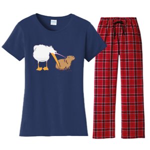 Pelican Tries To Eat Capybara Funny Cute Kawaii Meme Women's Flannel Pajama Set