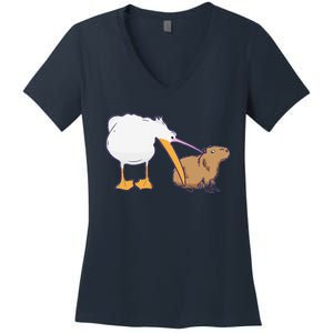 Pelican Tries To Eat Capybara Funny Cute Kawaii Meme Women's V-Neck T-Shirt