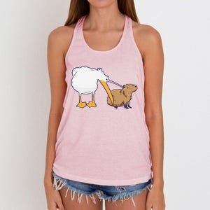 Pelican Tries To Eat Capybara Funny Cute Kawaii Meme Women's Knotted Racerback Tank