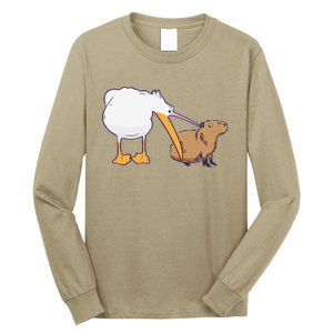 Pelican Tries To Eat Capybara Funny Cute Kawaii Meme Long Sleeve Shirt