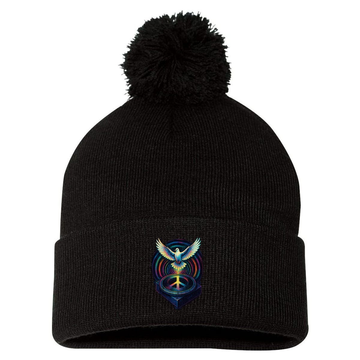 Peaceful Turntable Vibes Pom Pom 12in Knit Beanie