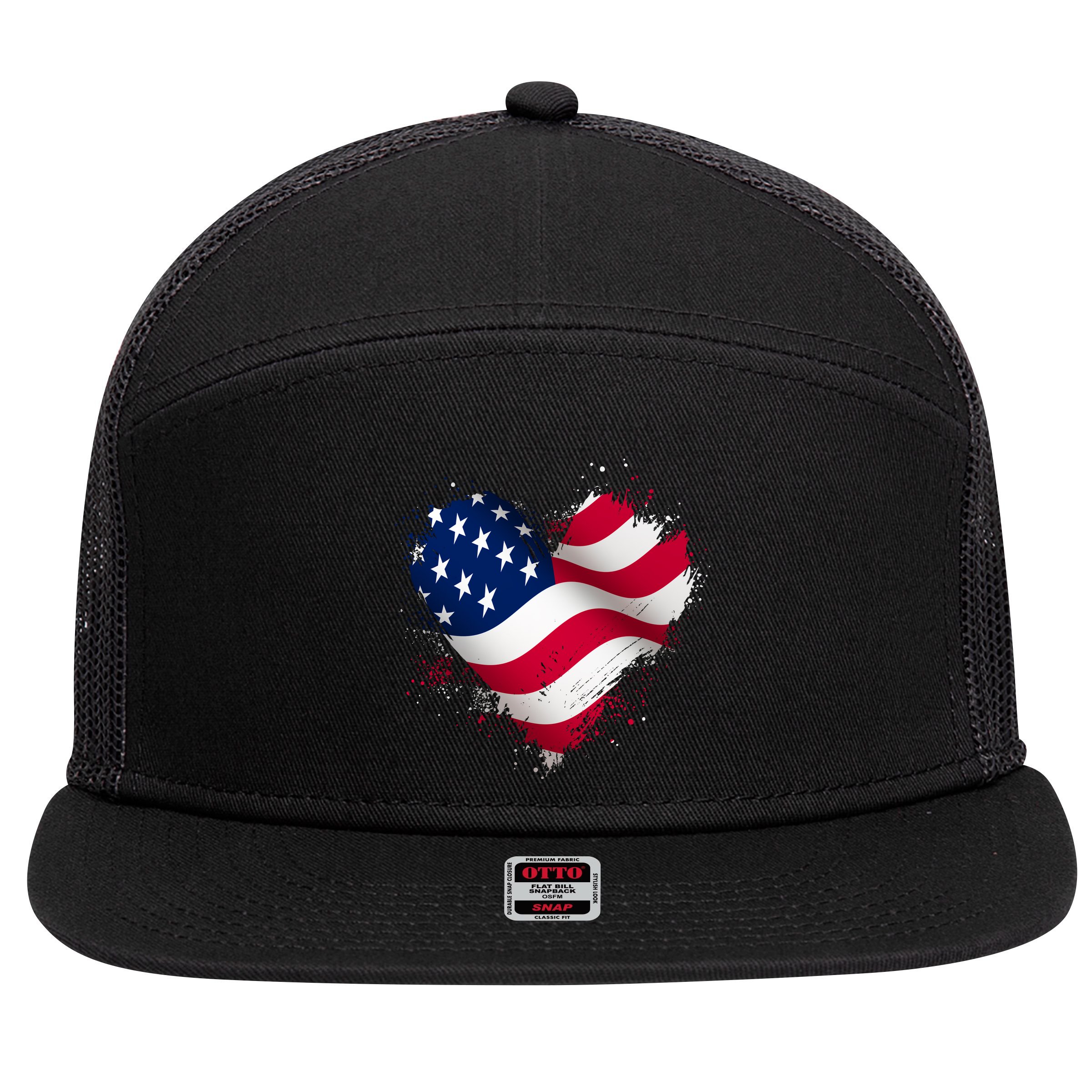 Patriotic Usa American Flag Heart 7 Panel Mesh Trucker Snapback Hat