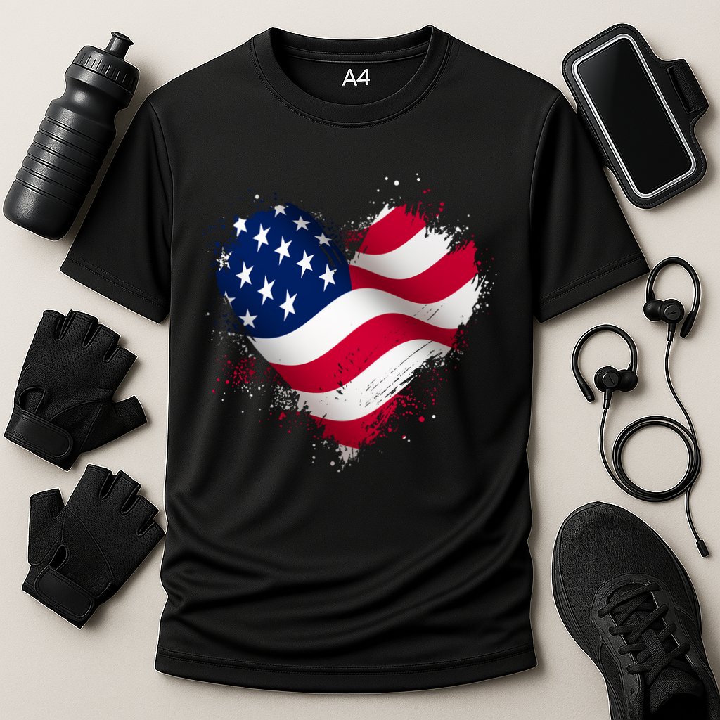 Patriotic Usa American Flag Heart Cooling Performance Crew T-Shirt