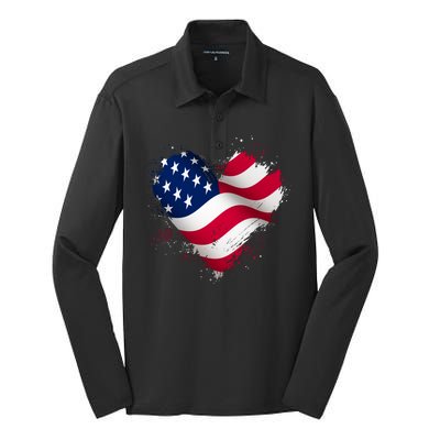 Patriotic Usa American Flag Heart Silk Touch Performance Long Sleeve Polo