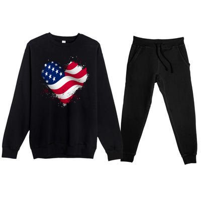 Patriotic Usa American Flag Heart Premium Crewneck Sweatsuit Set